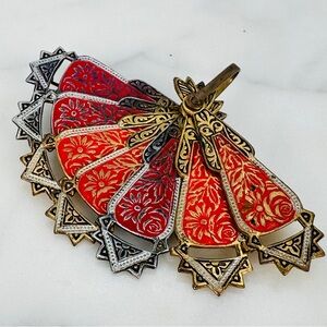 Vintage Spanish Folding Fan Red Brooch Pin Pendant Spain Articulating Enamel